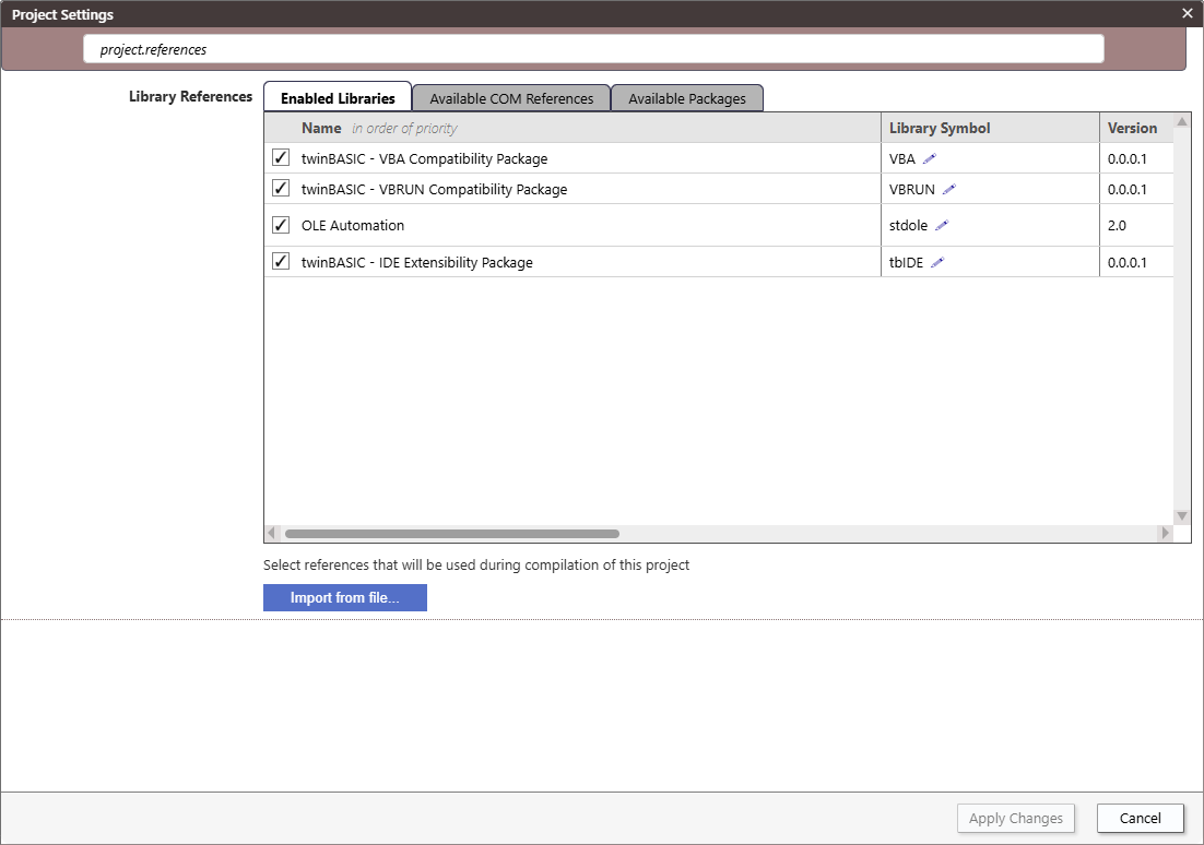 Library References - Project Settings